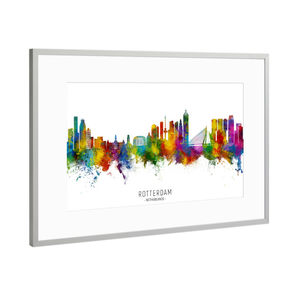 Poster mit Rahmen Silber "Rotterdam Skyline II txt" artboxONE - Städte - Rotterdam,Niederlande,Skyline,Stadtbild,Stadtbild,Aquarell,Malerei