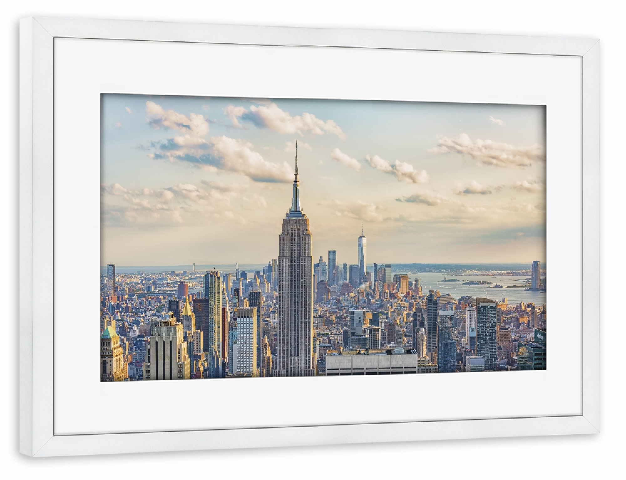 Poster mit Rahmen weiß "Sonnenuntergang über Manhattan" artboxONE - Städte,Städte / New York,Reise,Architektur,Reise / Länder