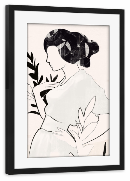 Poster mit Rahmen schwarz "Frau Blatt Mädchen" artboxONE - Abstrakt,Menschen - Frau,Blatt,Minimalismus,Schwarz,Mädchen,Abstrakt