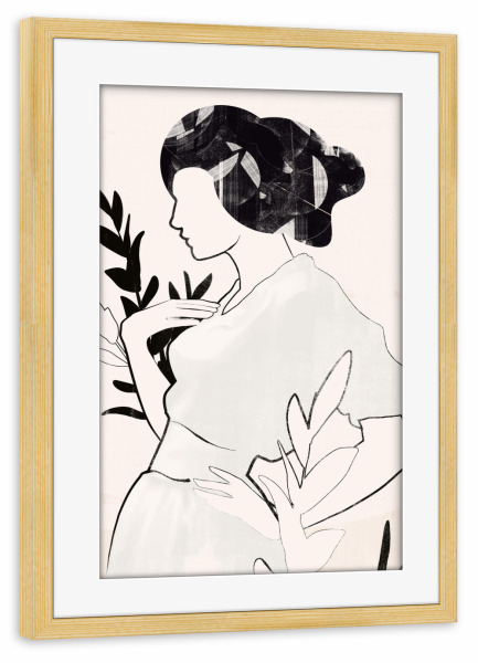Poster mit Rahmen kiefer "Frau Blatt Mädchen" artboxONE - Abstrakt,Menschen - Frau,Blatt,Minimalismus,Schwarz,Mädchen,Abstrakt