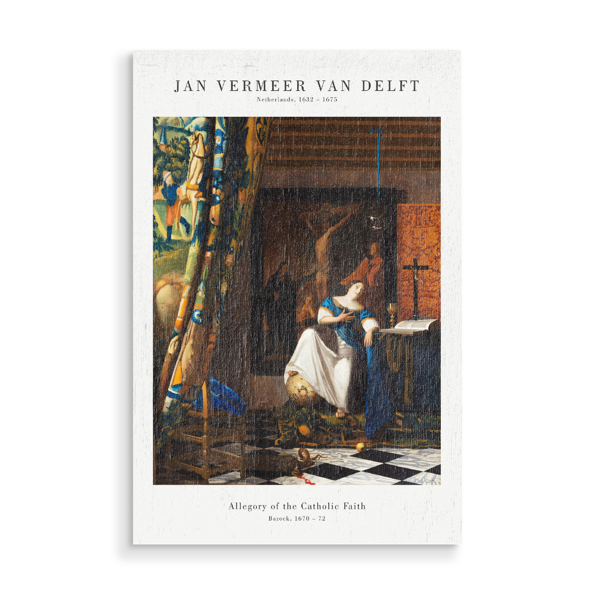 Holzbild "Vermeer - Allegorie des Glaubens" artboxONE - Menschen - Vermeer,Niederlande,Kunstdruck,Barock,Frau,Prunk,Glaube,Jesus,Kunst,Malerei,Gemälde
