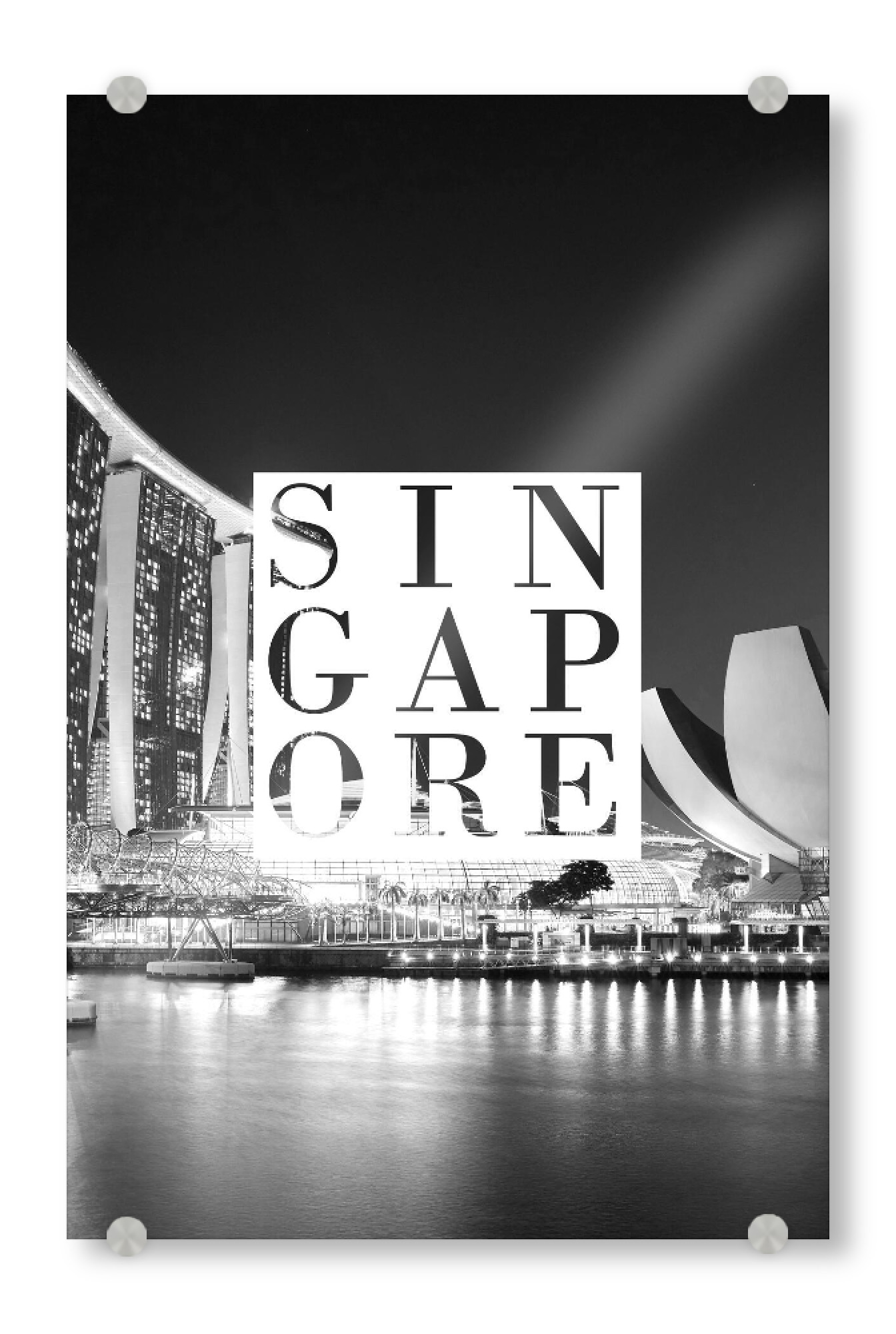 Acrylglasbild "Singapore bw" artboxONE - Typografie,Architektur,Städte / Singapur - Singapur,Wahrzeichen,Marina bay,Fotografie,Schwarz und weiß