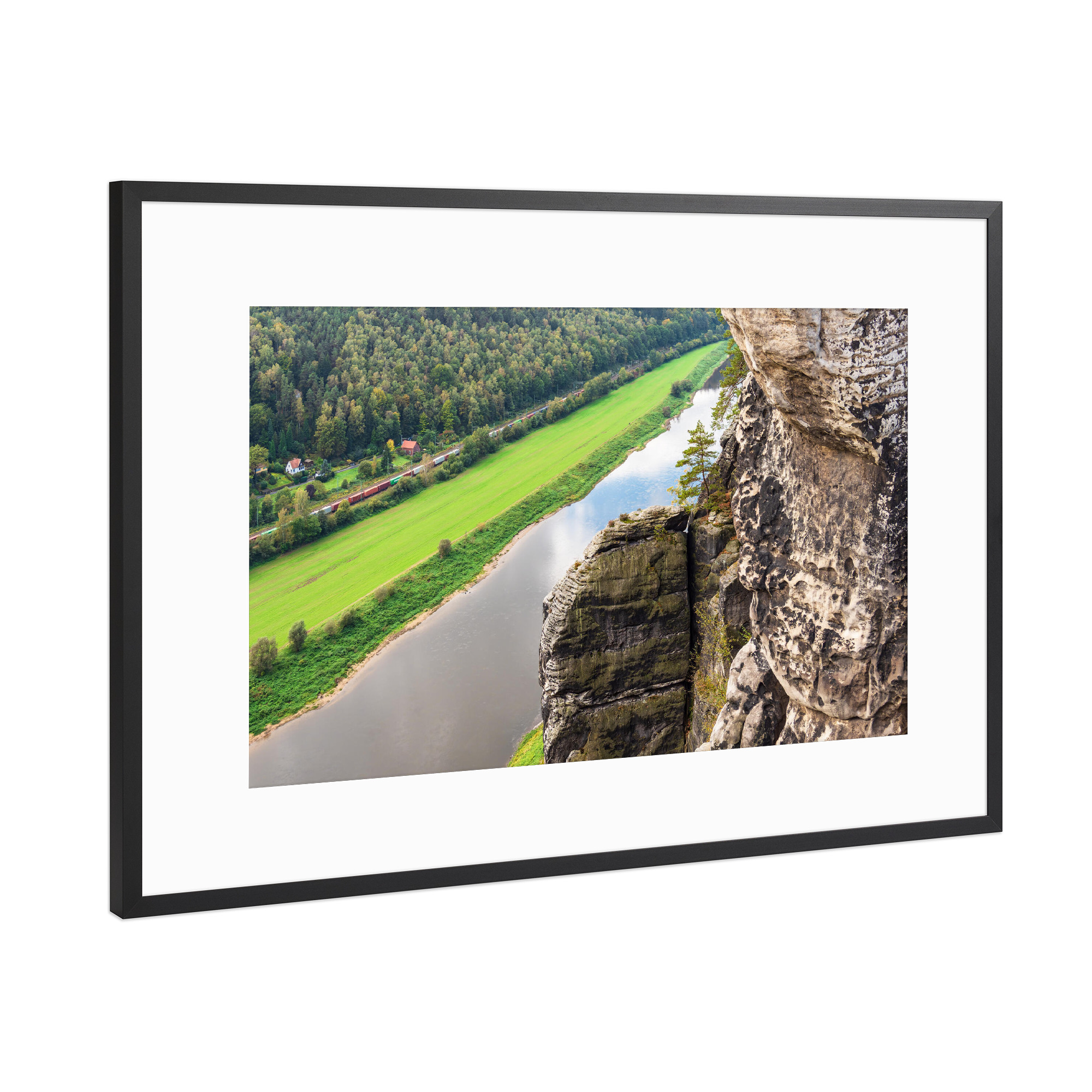 Poster mit Rahmen Schwarz (Metallic) "Felsen, Fluss, Wald" artboxONE - Natur,Reise