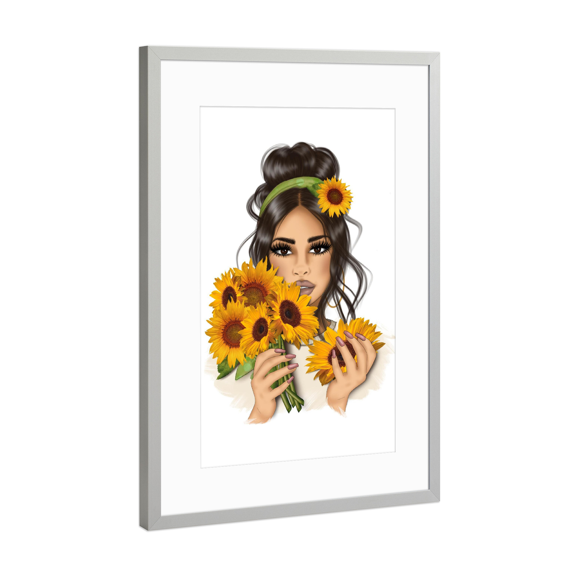 Poster mit Rahmen Silber "Sonnenblumenmädchen" artboxONE - Floral,Fashion,Für Mama,Essen & Trinken / Obst & Gemüse,Halloween