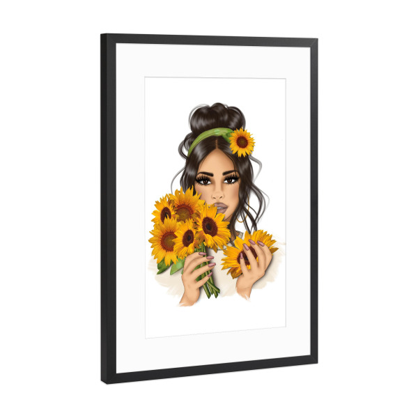 Poster mit Rahmen Schwarz (Metallic) "Sonnenblumenmädchen" artboxONE - Floral,Fashion,Für Mama,Essen & Trinken / Obst & Gemüse,Halloween