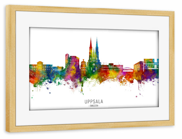 Poster mit Rahmen kiefer "Uppsala Schweden Skyline txt" artboxONE - Städte - Uppsala,Schweden,Skyline,Stadtbild,Stadtbild,Aquarell,Malerei