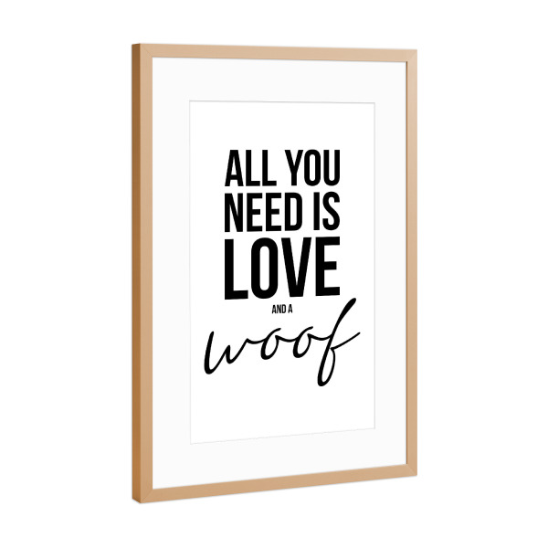 Poster mit Rahmen Kupfer "LOVE AND DOGS (White)" artboxONE - Typografie,Tiere,Schwarzweiß