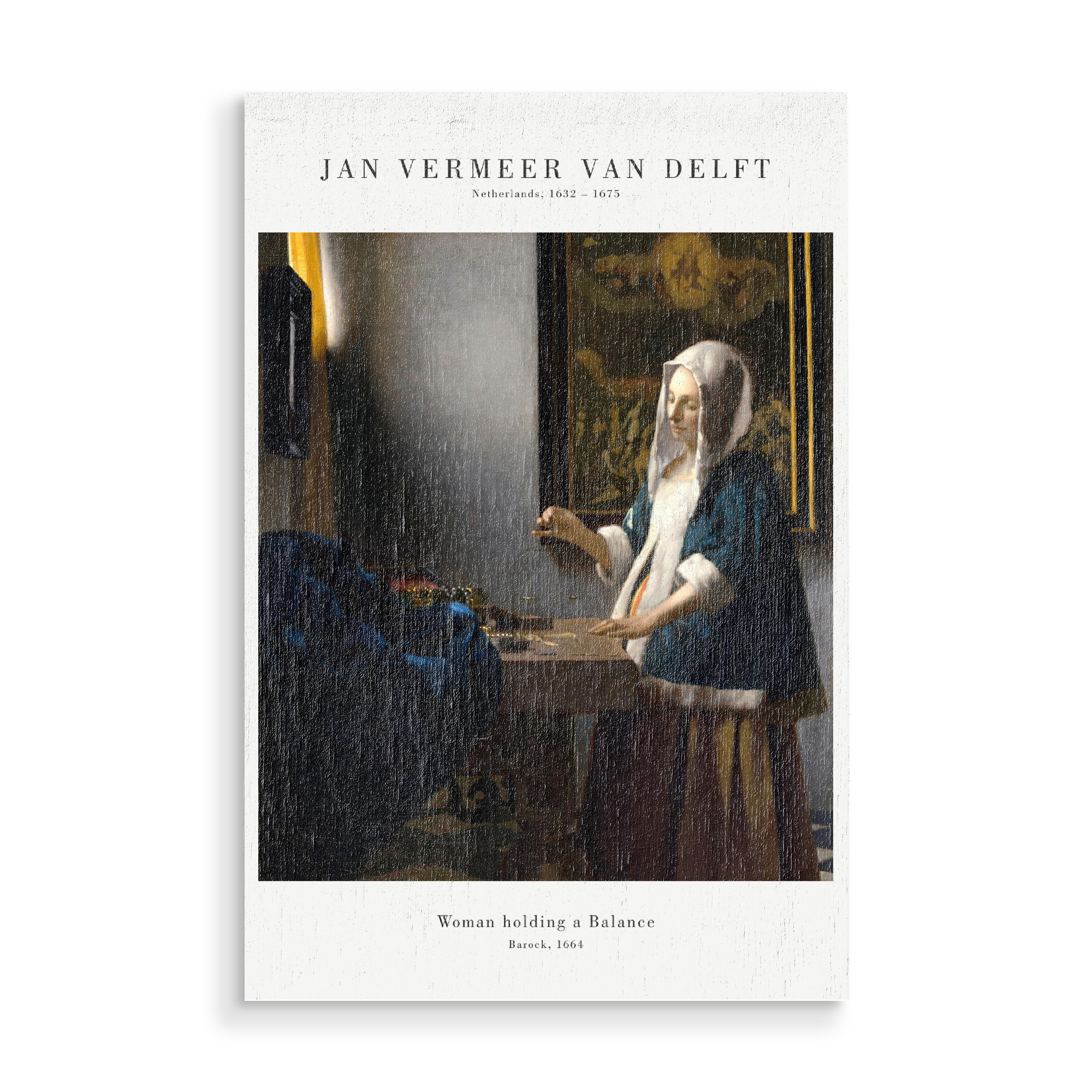 Holzbild "Vermeer - Die Frau mit der Waage" artboxONE - Menschen - Frau,Kunstdruck,Kunstwerk,Vermeer,Barock,Kunst,Malerei,Gemälde