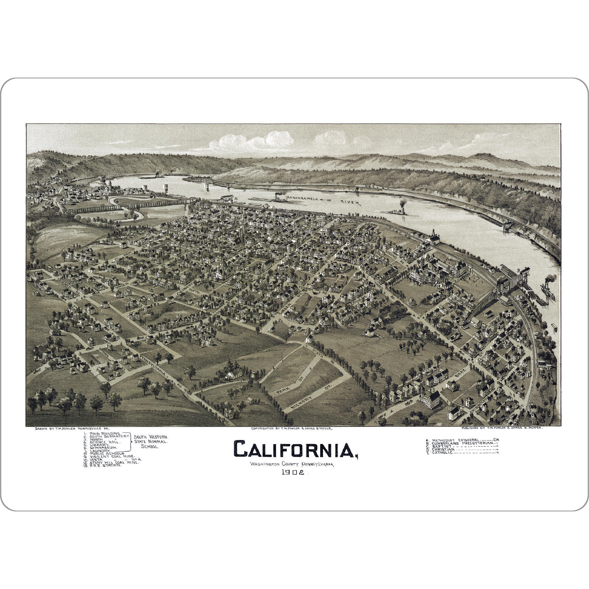 Tischset "Karte von Kalifornien-Pennsylvania" artboxONE - Kartografie - Karte,Flach,Jahrgang,Stadt,Alte,Retro,Abbildung,Reise - Bild karte