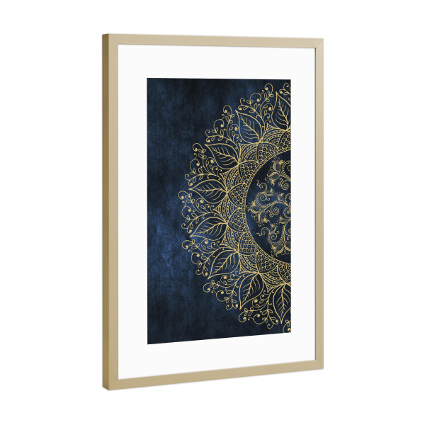 Poster mit Rahmen Gold "Mandaleaf blau & gold" artboxONE - Natur,Floral,Abstrakt