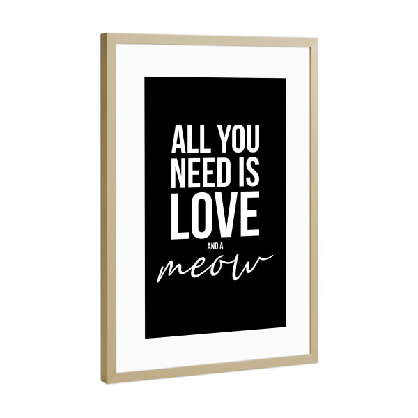 Poster mit Rahmen Gold "LOVE AND CATS (Black)" artboxONE - Typografie,Tiere,Schwarzweiß