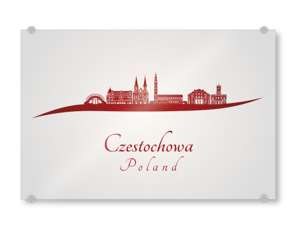 Acrylglasbild "Czestochowa-Skyline im Rot" artboxONE - Städte,Architektur - Stadt,Skyline,Denkmäler,Aquarell,Tourismus,Reise,Speicher,Bunt,Rote farbe