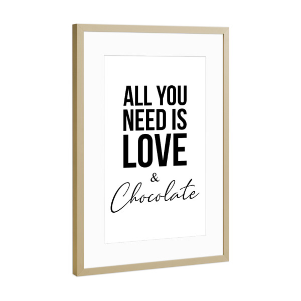 Poster mit Rahmen Gold "LOVE AND CHOCOLATE (White)" artboxONE - Typografie,Essen & Trinken,Schwarzweiß