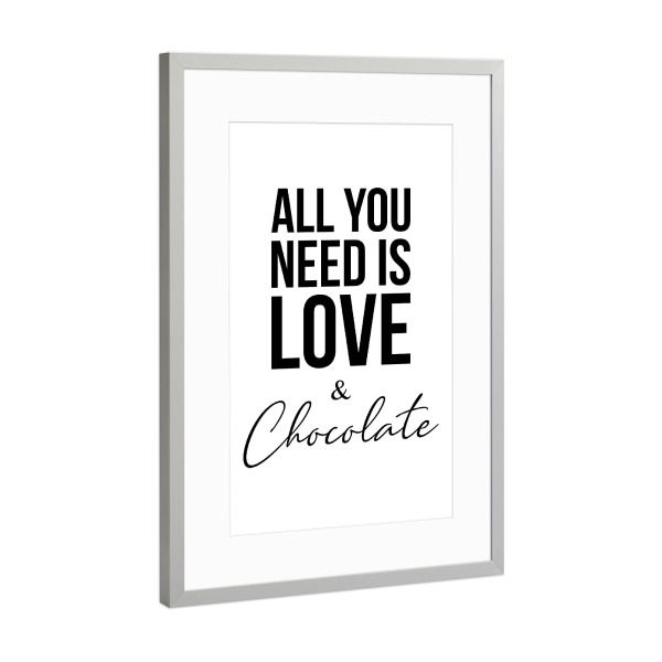Poster mit Rahmen Silber "LOVE AND CHOCOLATE (White)" artboxONE - Typografie,Essen & Trinken,Schwarzweiß