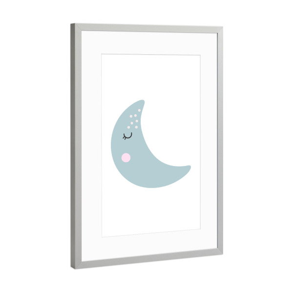 Poster mit Rahmen Silber "Glückliche Mondillustration" artboxONE - Für Kinder - Mond,Abstrakt,Boho,Glücklich,Blau,Mondkunst,Babymond,Baby,Kind,Kinder