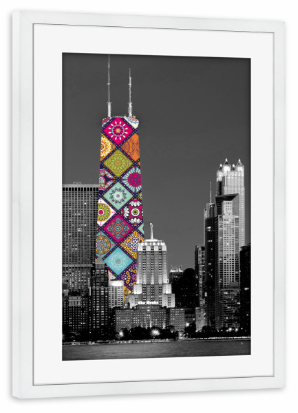 Poster mit Rahmen weiß "Flippiges Wahrzeichen - Chicago" artboxONE - Abstrakt,Streetart,Städte / Chicago