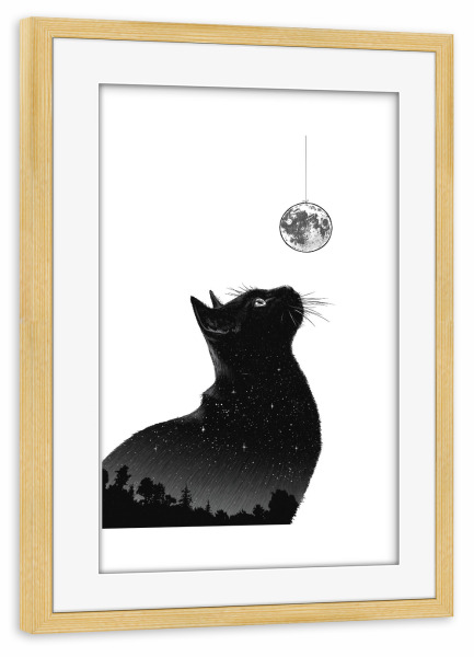 Poster mit Rahmen kiefer "Katze mit Mond" artboxONE - Tiere,Galaxy