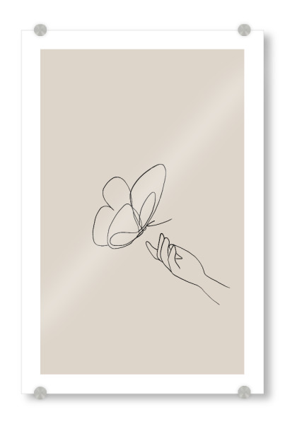Acrylglasbild "Schmetterling im Anflug" artboxONE - Tiere,Abstrakt,Menschen - Schmetterling,Hand,Oneline,Lineart,Minimalismus,Beige,Boho