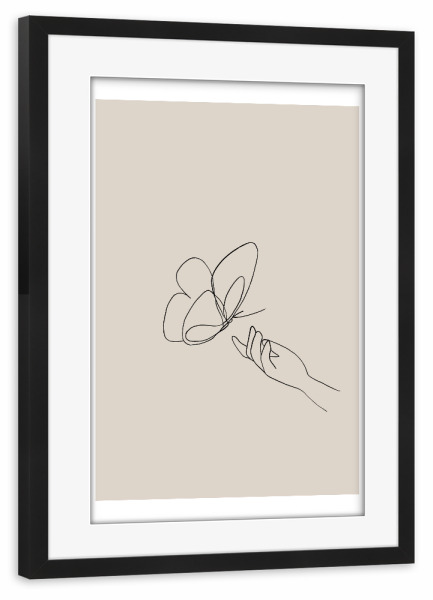 Poster mit Rahmen schwarz "Schmetterling im Anflug" artboxONE - Tiere,Abstrakt,Menschen - Schmetterling,Hand,Oneline,Lineart,Minimalismus,Beige,Boho