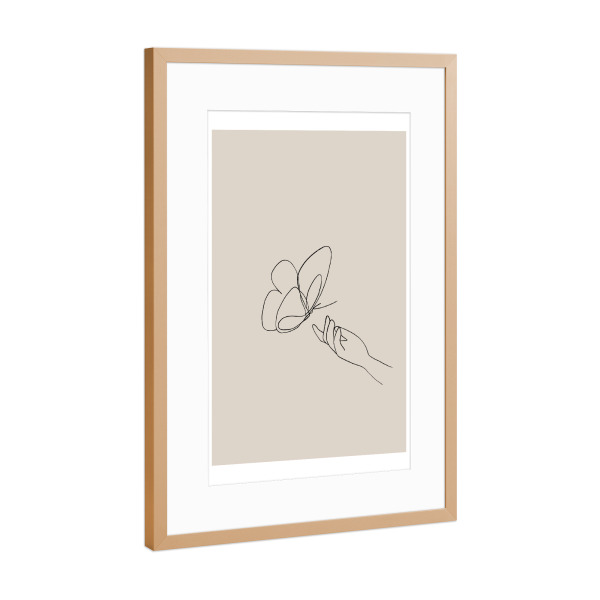 Poster mit Rahmen Kupfer "Schmetterling im Anflug" artboxONE - Tiere,Abstrakt,Menschen - Schmetterling,Hand,Oneline,Lineart,Minimalismus,Beige,Boho