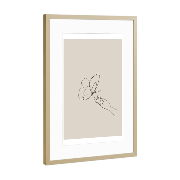 Poster mit Rahmen Gold "Schmetterling im Anflug" artboxONE - Tiere,Abstrakt,Menschen - Schmetterling,Hand,Oneline,Lineart,Minimalismus,Beige,Boho