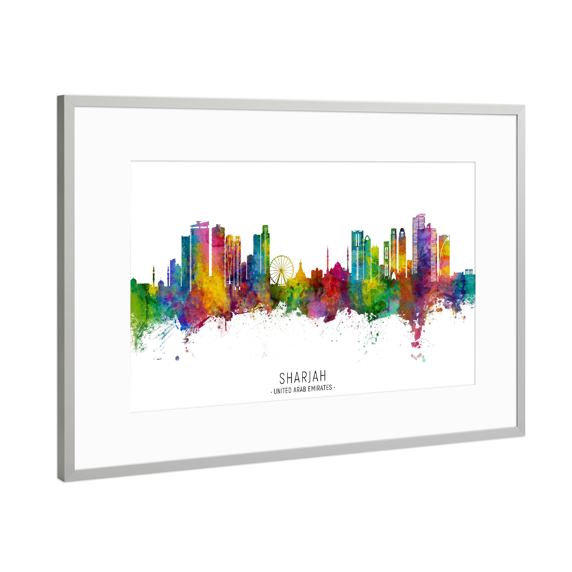 Poster mit Rahmen Silber "Sharjah UAE Skyline txt" artboxONE - Städte