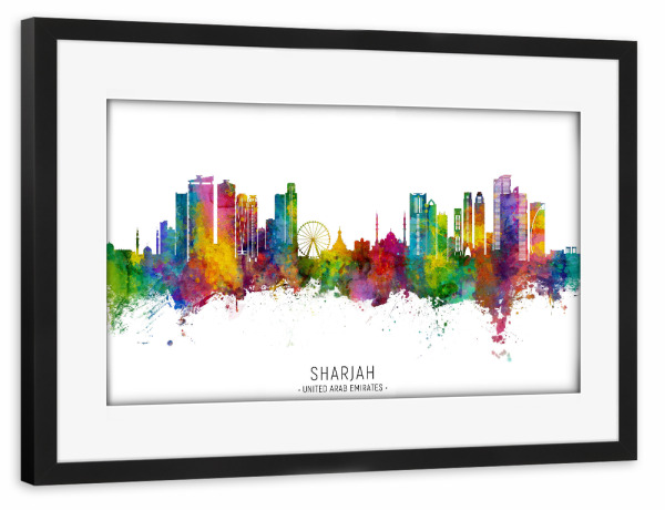 Poster mit Rahmen schwarz "Sharjah UAE Skyline txt" artboxONE - Städte