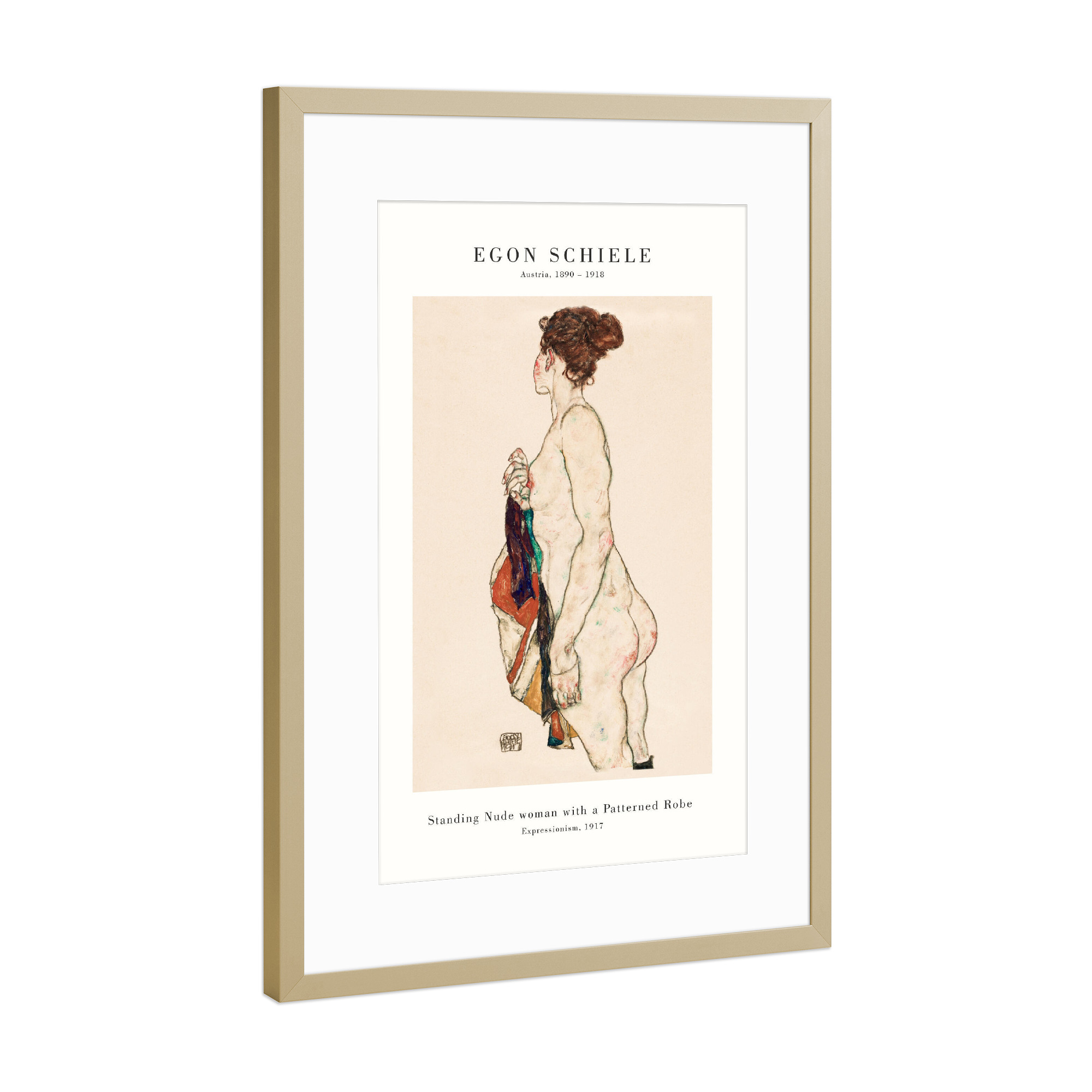 Poster mit Rahmen Gold "Schiele - Das gemusterte Kleid" artboxONE - Abstrakt,Menschen,Fashion