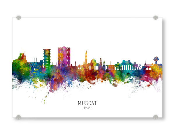 Acrylglasbild "Maskat Oman Skyline txt" artboxONE - Städte - Muscat,Oman,Skyline,Stadtbild,Stadtbild,Aquarell,Malerei