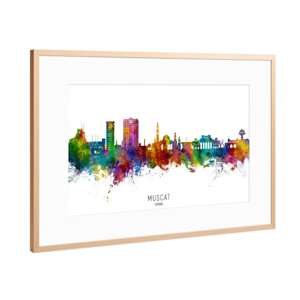 Poster mit Rahmen Kupfer "Maskat Oman Skyline txt" artboxONE - Städte - Muscat,Oman,Skyline,Stadtbild,Stadtbild,Aquarell,Malerei