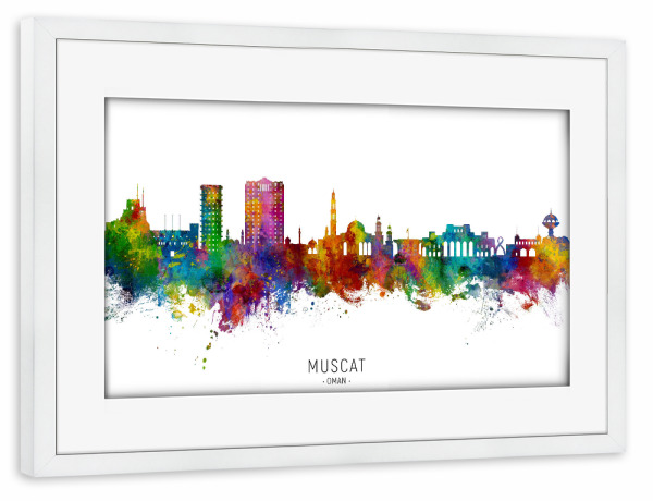 Poster mit Rahmen weiß "Maskat Oman Skyline txt" artboxONE - Städte - Muscat,Oman,Skyline,Stadtbild,Stadtbild,Aquarell,Malerei
