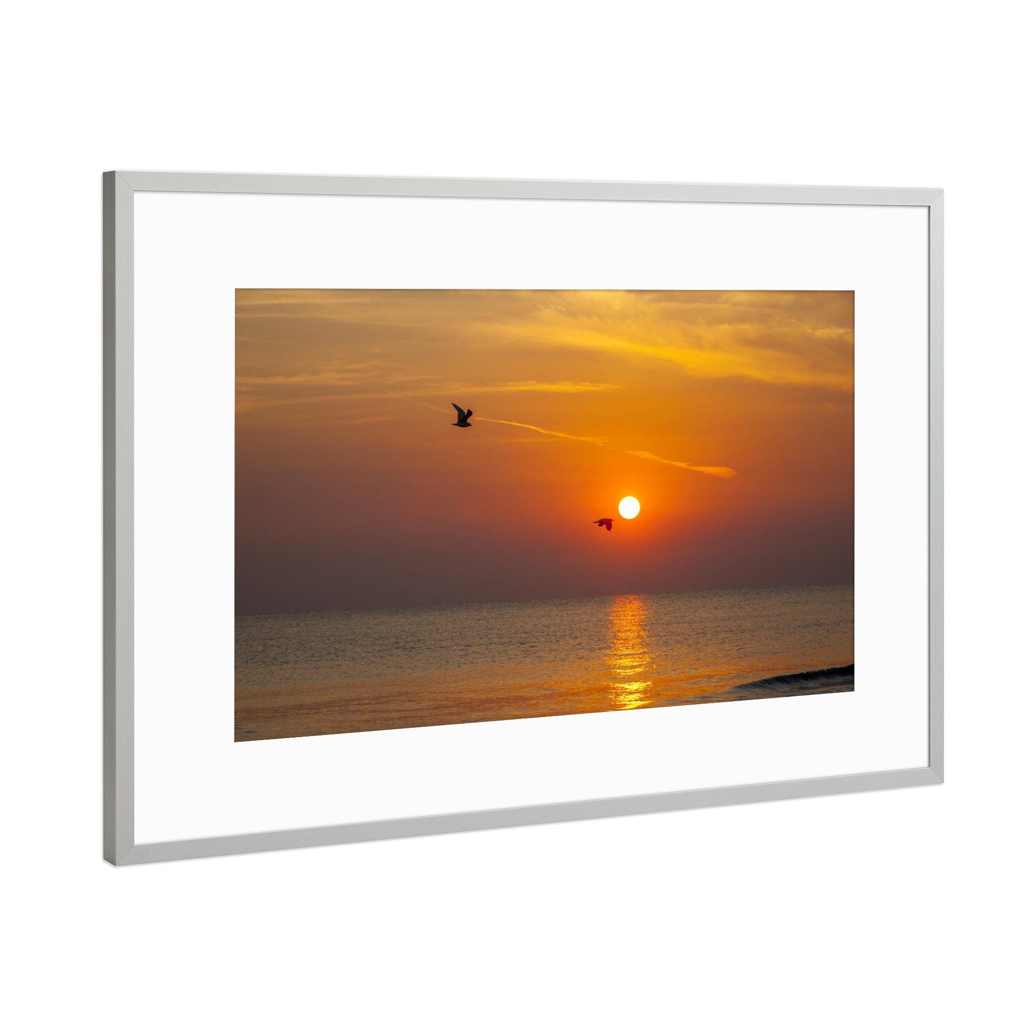 Poster mit Rahmen Silber "Flug in den Morgen" artboxONE - Natur,Reise,Tiere - Sonnenaufgang,Möve,Meer,Stimmung,Natur