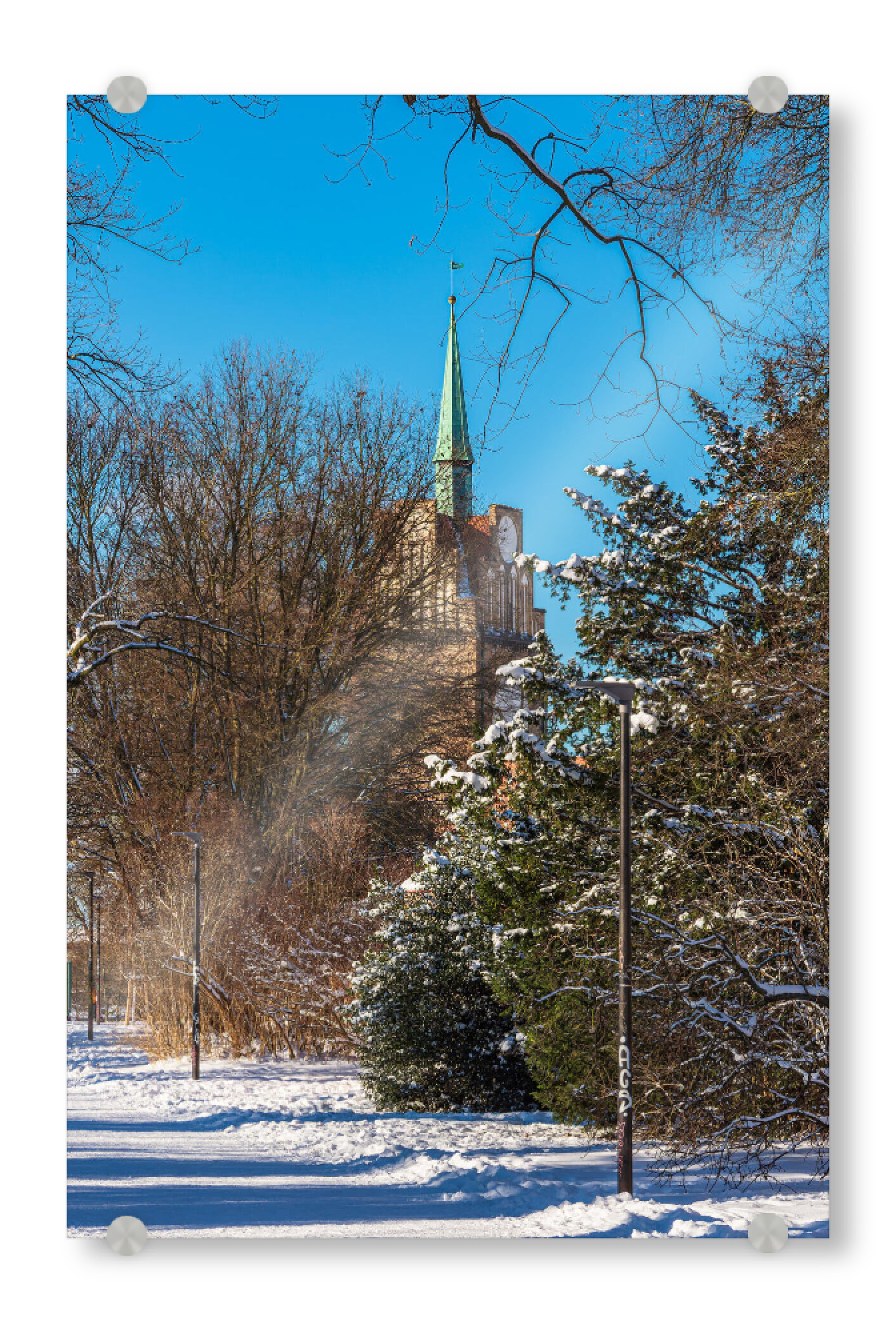 Acrylglasbild "Schnee, Bäume, Tor" artboxONE - Natur,Reise,Architektur