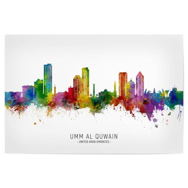 Poster "Umm Al Quwain UAE Skyline txt" artboxONE - Städte - Umm al quwain,Vereinigte arabische emirate,Skyline,Stadtbild,Stadtbild,Aquarell,Malerei