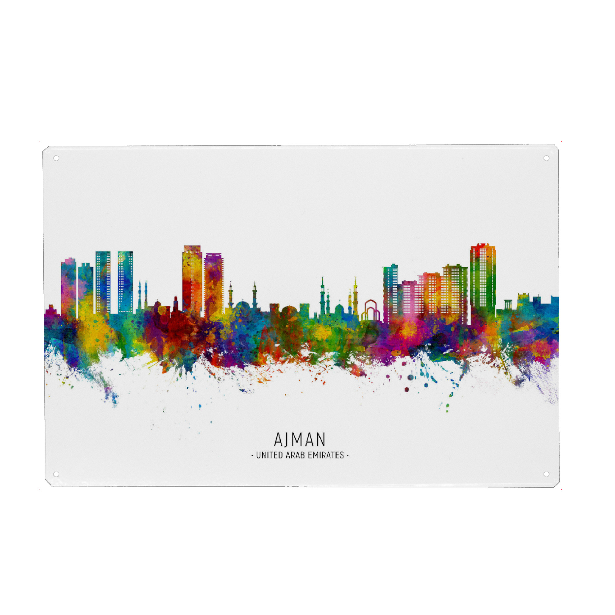 Holzbild "Ajman UAE Skyline txt" artboxONE - Städte - Ajman,Vereinigte arabische emirate,Skyline,Stadtbild,Stadtbild,Aquarell,Malerei