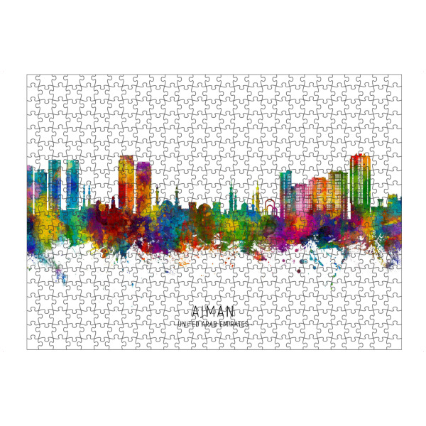 Puzzle Ravensburger "Ajman UAE Skyline txt" artboxONE - Städte - Ajman,Vereinigte arabische emirate,Skyline,Stadtbild,Stadtbild,Aquarell,Malerei