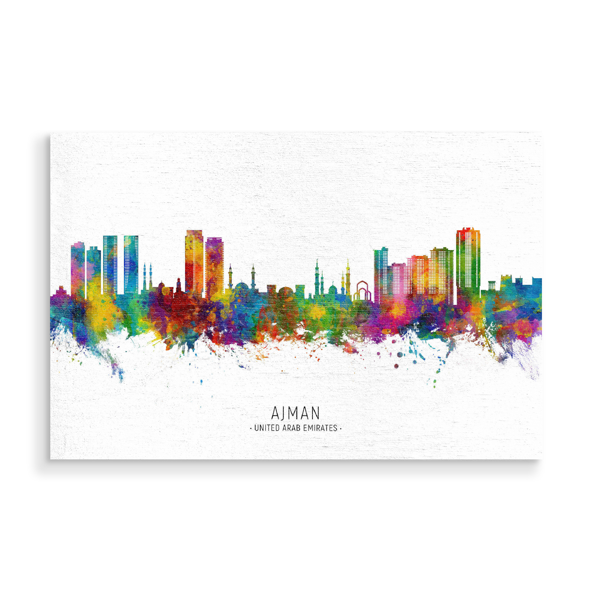 Holzbild "Ajman UAE Skyline txt" artboxONE - Städte - Ajman,Vereinigte arabische emirate,Skyline,Stadtbild,Stadtbild,Aquarell,Malerei