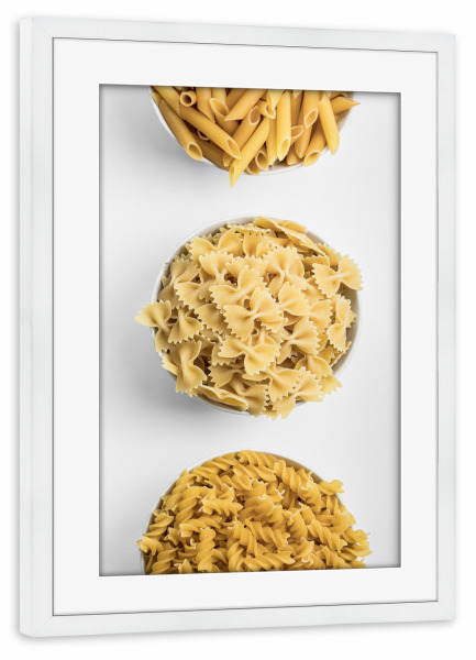 Poster mit Rahmen weiß "3 Mal Nudeln - Anschnitt" artboxONE - Essen & Trinken - Nudeln,Küche,Esse,Mahlzeit,Minimalismus,Minimalistisch,Weiß,Fotografie