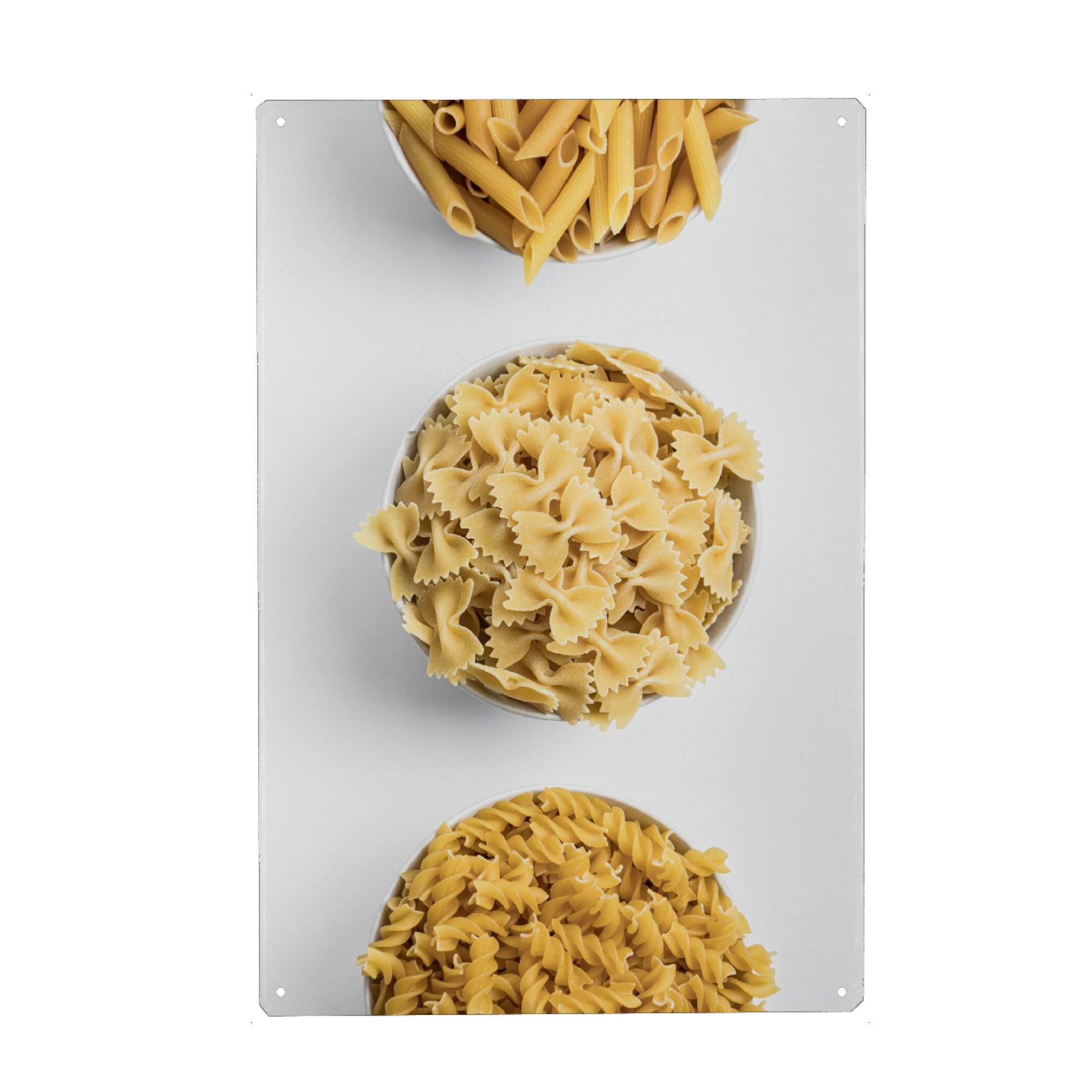 Holzbild "3 Mal Nudeln - Anschnitt" artboxONE - Essen & Trinken - Nudeln,Küche,Esse,Mahlzeit,Minimalismus,Minimalistisch,Weiß,Fotografie
