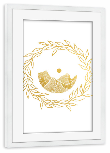 Poster mit Rahmen weiß "Berge des Wunders" artboxONE - Natur,Floral,Abstrakt - Gold,Golden,Goldfolie,Goldfolie,Sonne,Sonnenuntergänge,Kreise,Minimal