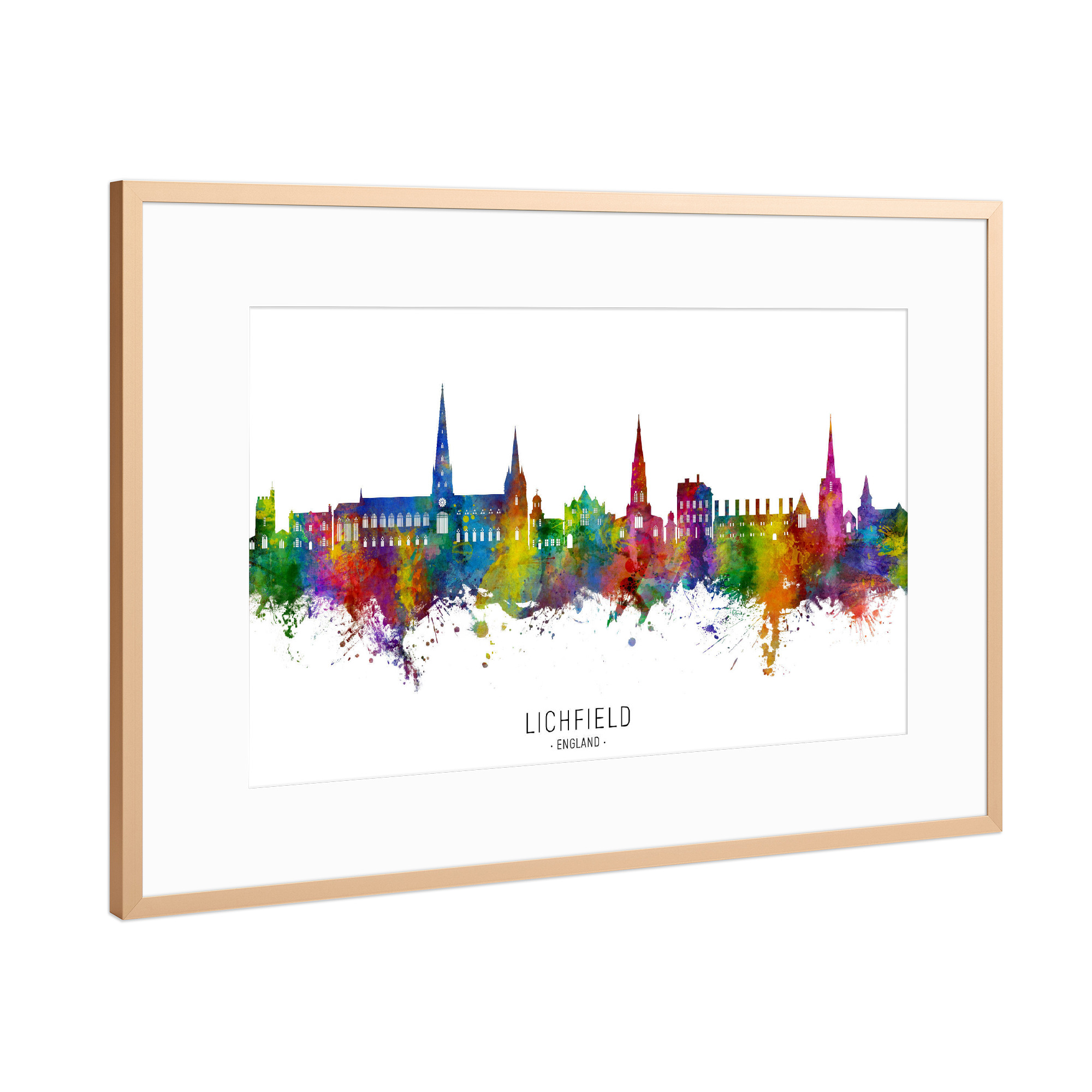 Poster mit Rahmen Kupfer "Lichfield England Skyline txt" artboxONE - Städte - Lichfield,England,Skyline,Stadtbild,Stadtbild,Aquarell,Malerei