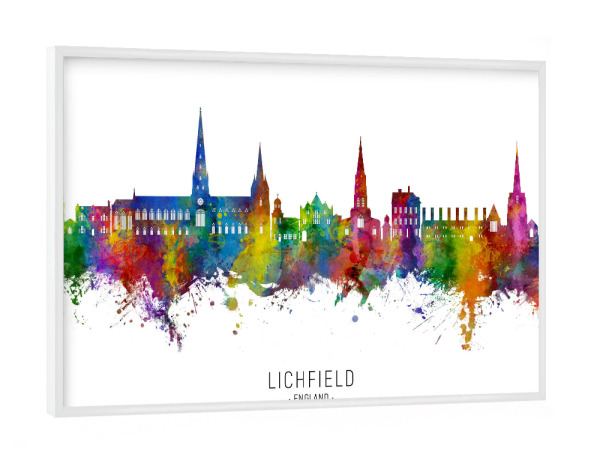 Poster mit weißem Rahmen "Lichfield England Skyline txt" artboxONE - Städte - Lichfield,England,Skyline,Stadtbild,Stadtbild,Aquarell,Malerei
