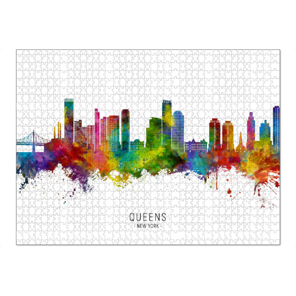Puzzle Ravensburger "Queens Skyline von New York txt" artboxONE - Städte - Queens,New york,Skyline,Stadtbild,Stadtbild,Aquarell,Malerei