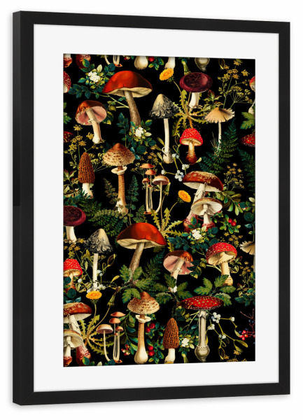 Poster mit Rahmen schwarz "Pilzparadies" artboxONE - Natur,Floral,Fashion - Pilzparadies,Pilz,Blumen,Blatt,Blätter,Jahrgang,Retro,Muster