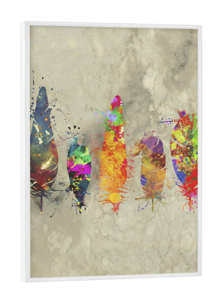Poster mit weißem Rahmen "Bemalte Federn" artboxONE - Natur,Tiere,Abstrakt - Feder,Farbe,Splat,Tinte,Tier,Vogel
