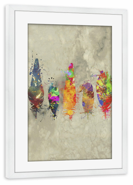 Poster mit Rahmen weiß "Bemalte Federn" artboxONE - Natur,Tiere,Abstrakt - Feder,Farbe,Splat,Tinte,Tier,Vogel