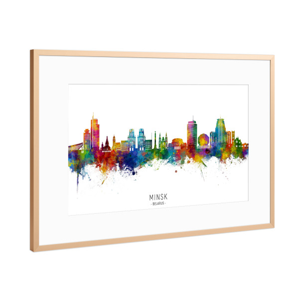 Poster mit Rahmen Kupfer "Minsk Weißrussland Skyline txt" artboxONE - Städte - Minsk,Weißrussland,Skyline,Stadtbild,Stadtbild,Aquarell,Malerei