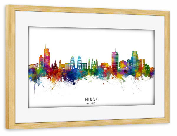 Poster mit Rahmen kiefer "Minsk Weißrussland Skyline txt" artboxONE - Städte - Minsk,Weißrussland,Skyline,Stadtbild,Stadtbild,Aquarell,Malerei