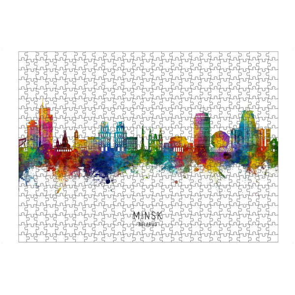 Puzzle Ravensburger "Minsk Weißrussland Skyline txt" artboxONE - Städte - Minsk,Weißrussland,Skyline,Stadtbild,Stadtbild,Aquarell,Malerei