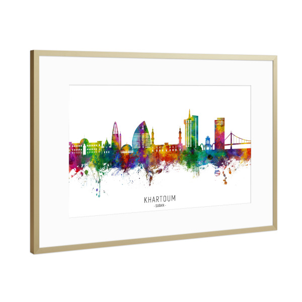 Poster mit Rahmen Gold "Khartum Sudan Skyline txt" artboxONE - Städte - Khartum,Sudan,Skyline,Stadtbild,Stadtbild,Aquarell,Malerei,Bunt